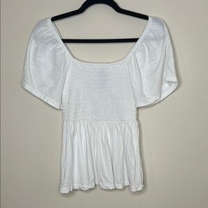 Bobi White Smocked Ruffled Blouse with Cap Sleeves